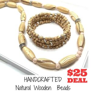 🎁 Handcrafted Wooden Beads Necklace and Coil Bracelet Set NWT